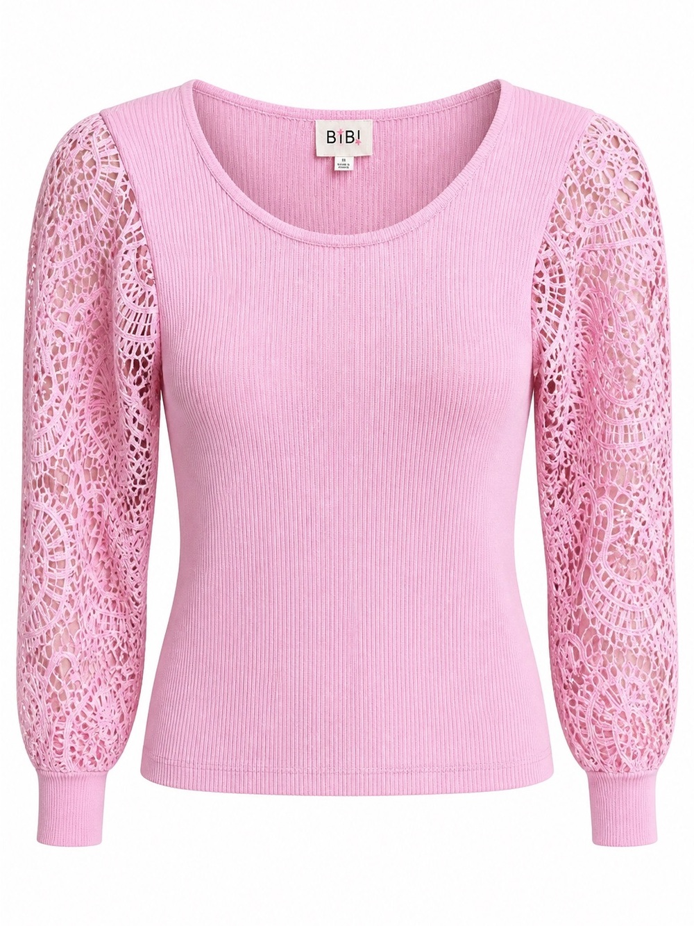BiBi Pink Ribbed Top with Lace Balloon Sleeves